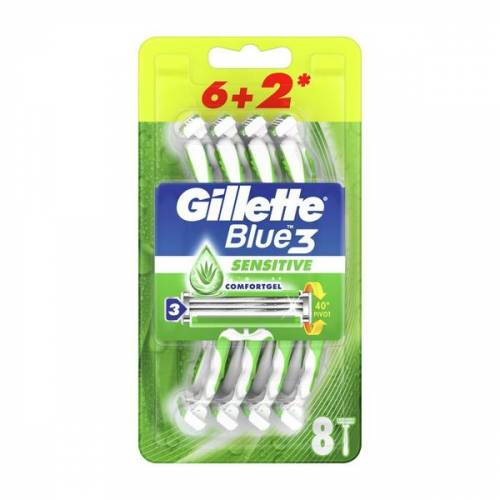 Aparat de Ras cu 3 Lame pentru Piele Sensibila - Gillette Blue 3 Sensitive - 8 buc