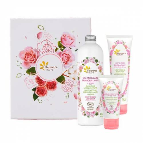 Set cadou cosmetice bio cu apa de trandafiri pentru corp si ten - Rose - Fleurance Nature ( Apa micelara 400ml + Crema 50ml + Lapte corp 150ml )