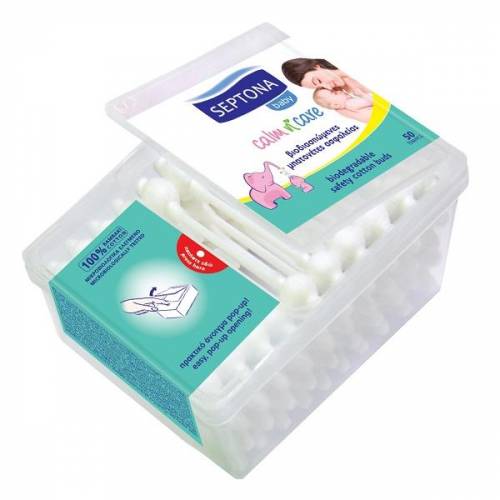 Betisoare de Urechi Biodegradabile pentru Copii - Septona Baby Calm'n'Care Biodegradable Safety Cotton Buds 100 Cotton - 50 buc/ cutie