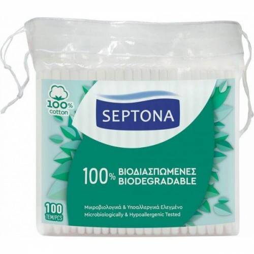 Betisoare de Urechi Biodegradabile din Bumbac - Septona 100% Biodegradable 100% Cotton - 100 buc/ punga