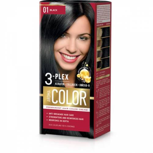 Vopsea Crema Permanenta - Aroma Color 3-Plex Permanent Hair Color Cream - nuanta 1 Black - 90 ml